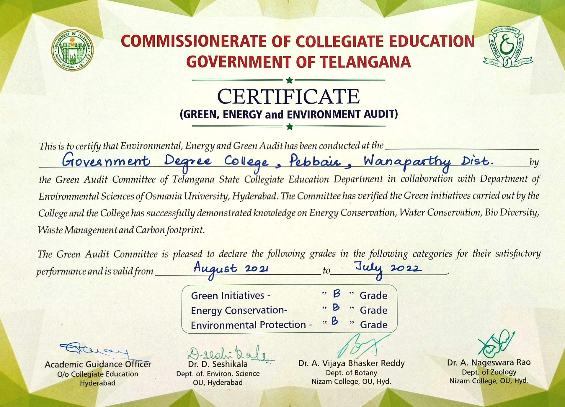 Green Audit Certificate For 2021-22